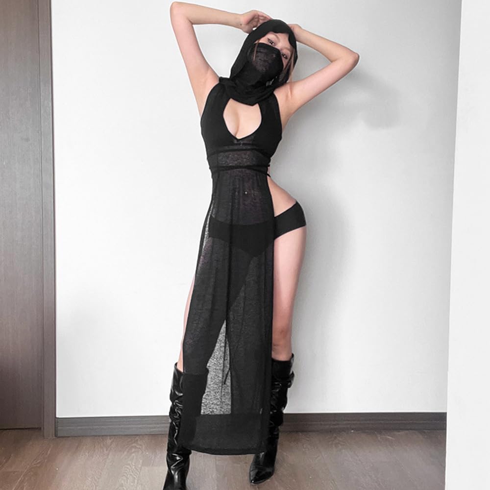 Sexy Cover Ups for Swimsuit Mock Neck Bikini Coverups High Split Dress with Hooded: Black X-Small-Small