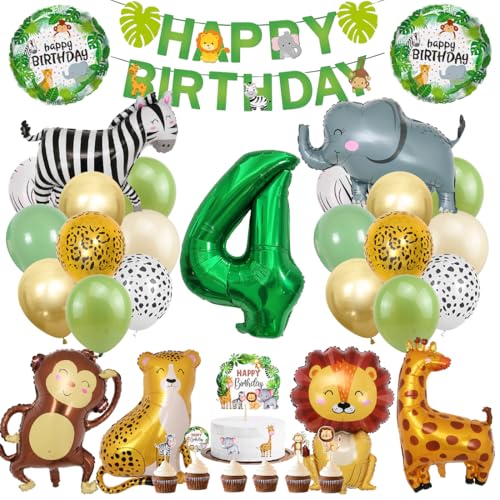 Balões animais de 4 anos, balões de animais da selva 4 anos, balões de látex em ouro verde, faixa de aniversário, 41 peças, decoração de aniversário balão safari para festa de aniversário menino e