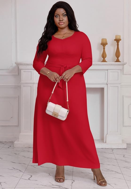 Maxi Dress for Women 3/4 Sleeves V-Neck Semi Formal Church Long Casual Dresses with Pockets - Image 6