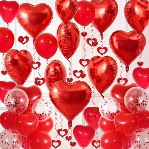 Red Heart Balloons Set 30Pcs Heart Shaped Balloons and 50Pcs Red Hanging Streamer for Valentines Decorations Proposal Wedding Party