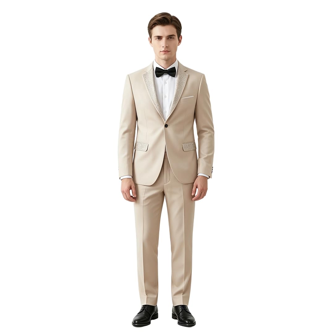 Completo da Smoking Uomo 2 Pezzi Giacca Blazer con Risvolto Decorata con Strass e Pantaloni, Abito Elegante Slim Fit per Matrimonio