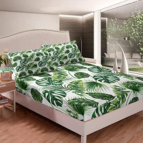 Erosebridal Palmblätter-Bettlaken, hawaiianisches Spannbetttuch, Monstera, Bananenblätter, Bettwäsche-Set, Doppelbett, Sommer, tropische Blätter, Spannbetttuch für Wohnzimmer Cover