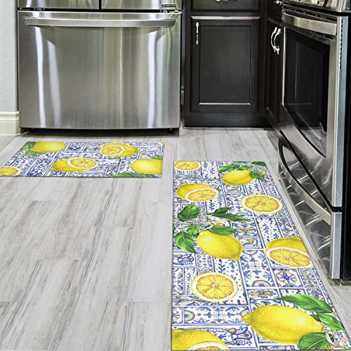 Ideasonna Lemon Kitchen Rug Mat, Watercolor Lemon Kitchen Rugs Sets Of 2 Washable Non-Slip Kitchen Mats For Floor 2 Piece, Lemon Kitchen Decor Decorations #TOP4
