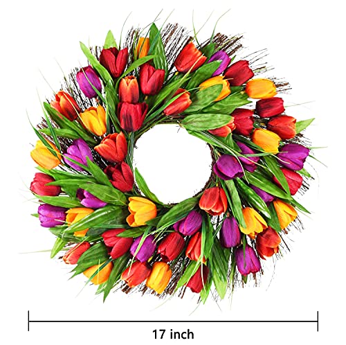 Wofair Tulip Wreath Artificial 17 Inch Tulip Wreaths For Front Door, Fake Spring Silk Flower Wreath With Green Leaves Real Sere Vines For Home Wall Wedding Office Party Fistival Welcome Decor #TOP2