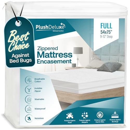 Image of PlushDeluxe Full Size Premium Mattress Encasement - Zippered Waterproof, Bedbug Proof Design, 6-Sided Protection - Hypoallergenic Cotton Terry Fabric [9-12 inch] Depth