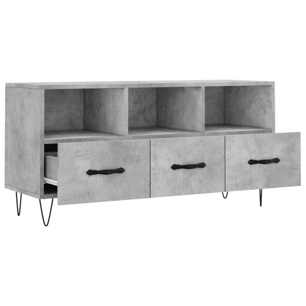 le Konsola TV z Ders, szary cement h, 102 x 36 x 50 cm, wielowarstwowe drewno i żelazo, eleganckie futro do salonu, nowoczesny stojak na telewizor, szafka Sto na akcesoria telewizyjne