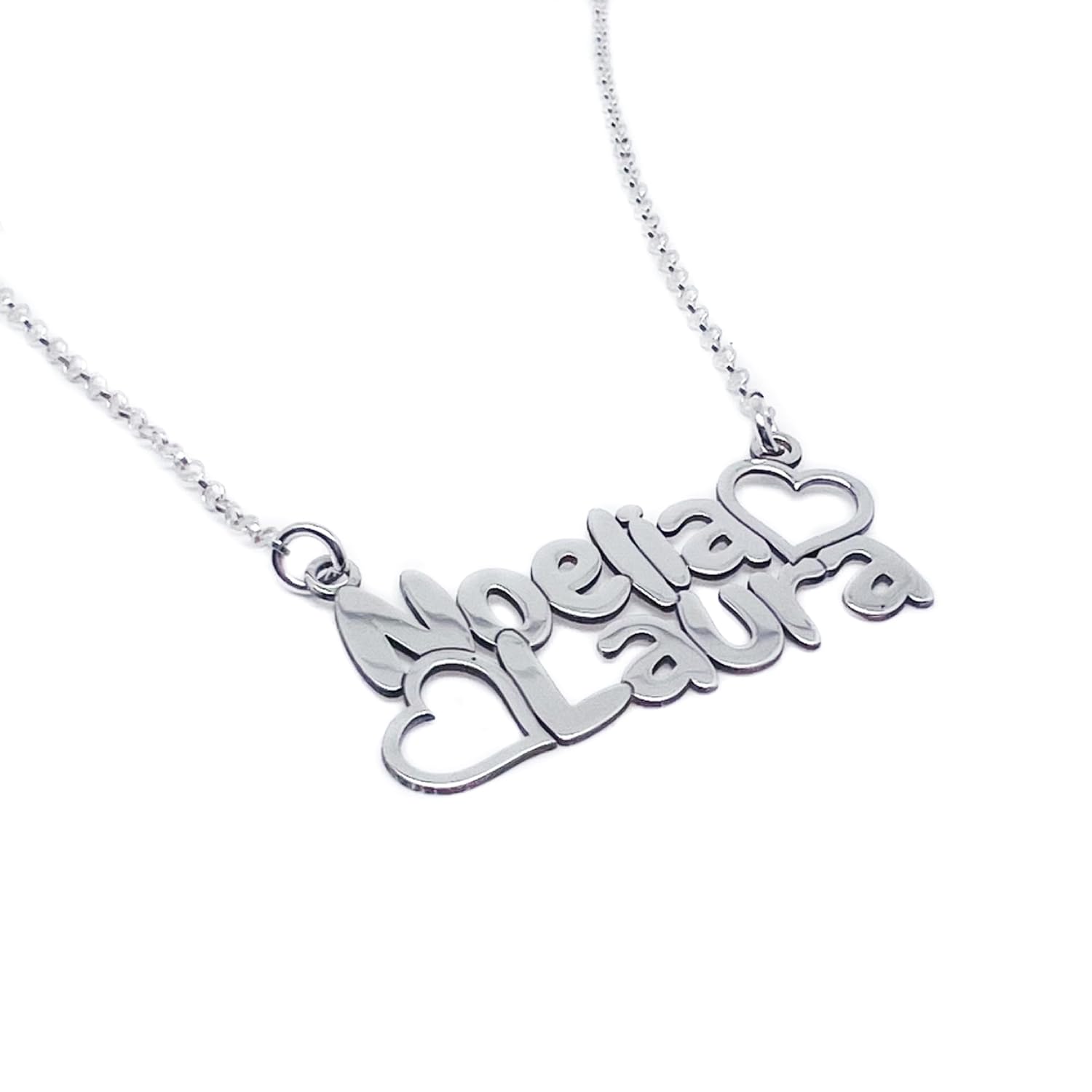 Collar Personalizado para Mujer con 2 Nombres – Plata de Ley 925/1000 – Hecho a Mano en Málaga – Colgante Exclusivo, Regalo Día de la Madre y Navidad Modelo Doble Nombre NO-LA + Cora