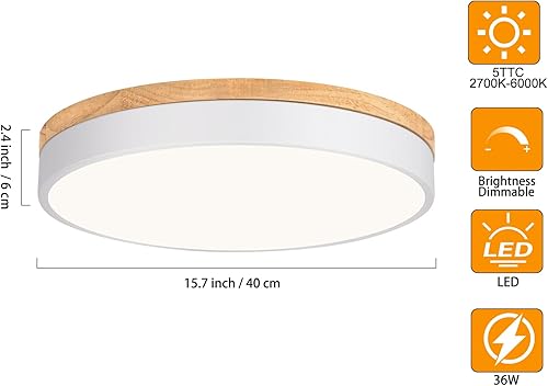 Miniatura 4 de Lámpara de techo LED de madera regulable, 5CCT 2700K-6000K moderna redonda cerca del techo, lámpara de techo blanca minimalista para sala de estar,