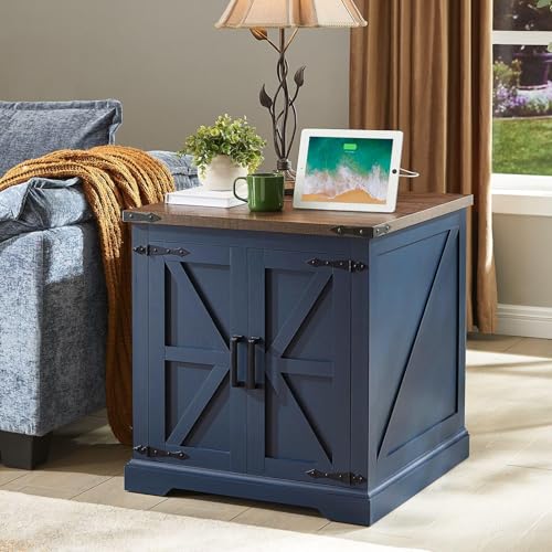 Farmhouse End Table with Charging Station,24" Large Side Table with Barn Door, Rustic Wood Square Nightstand Bedside Table with Adjustable Storage Shelf for Living Room, Bedroom,Navy Blue 1