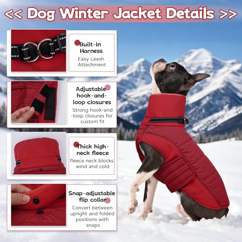 Image of BRKURLEG Dog Winter Coat with Harness Built in, Warm Jacket for Small Medium and Large Dogs, Windproof Turtleneck Fleece Dogs Snowsuit with Hook & Loop, Reflective Christmas Dog Jacket, Red L
