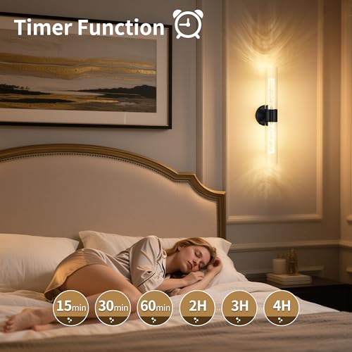 Battery Operated Wall Sconce Set of 2, Black Rechargeable Wireless Sconces 10000mAh 3000K/4500K/6000K Timer Function Battery Operated Wall Light with Remote Control for Living Room Bedroom
