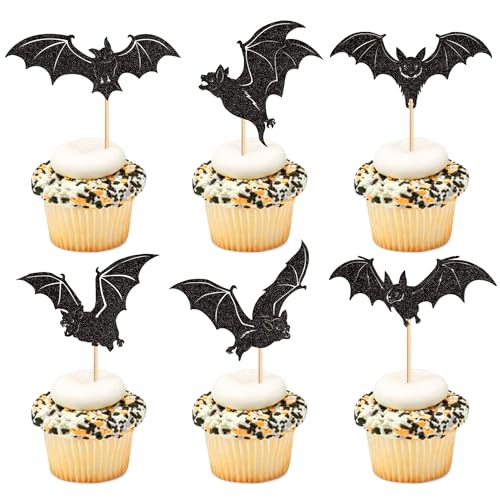 Ercadio 24 Pack Black Bats Halloween Cupcake Toppers for Birthday Party Cake Decoration