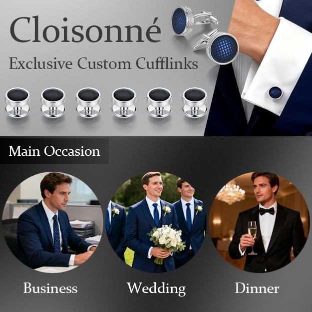 Cuff Links Mens Blue, Cuff Links Mens and Tuxedo Studs Set, Cufflinks for Men Gold Gift Box, Men's Jewelry or Accessories Cufflinks for Suit Shirt Bussiness Wedding Anniversary (Silver) - Image 6