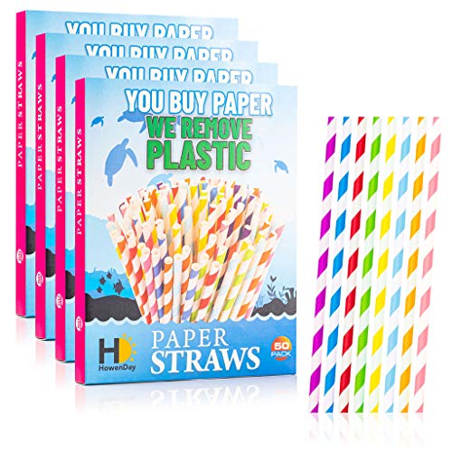 HowenDay Paper Straws | 200 Eco Friendly Drinking Straws | Biodegradable, Compostable, Disposable Straws in Biodegradable Packaging | 1 Large Box w/ 4 Inner Boxes of 50 Colorful Straws Each