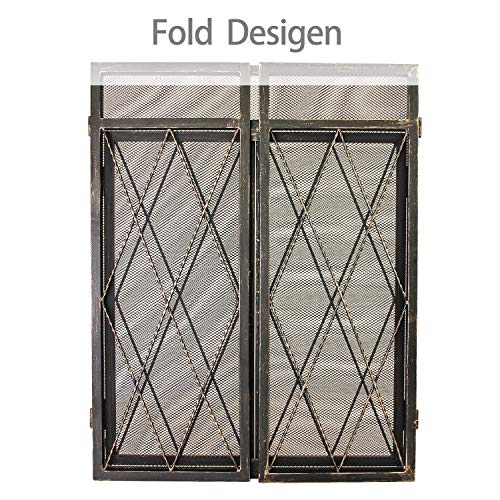 WBHome 3 Panel Wrought Iron Fireplace Screen with Doors Large Flat Guard Metal Decorative Mesh Cover Baby Safe Proof Firewood Burning Stove Accessories (50" L x 32" H x 9.5" W)