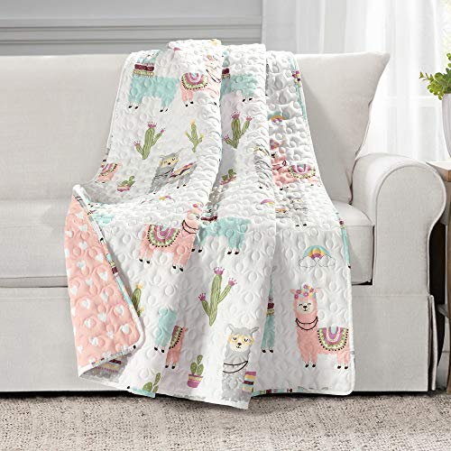 Image of Lush Decor Southwest Llama Cactus Throw Blanket, 50" W x 60" L, White & Blush - Toddler Blanket - Cute Reversible Boho Quilted Throw for Kids Room