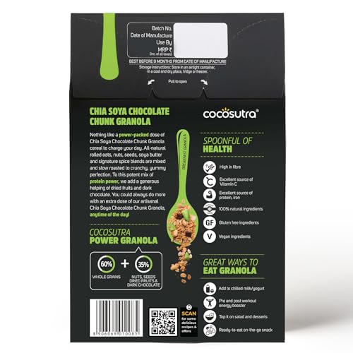 Image of Cocosutra Chia Soya Chocolate Chunk Breakfast Granola - 300 g | 100% Natural, Vegan & Gluten Free | High Protein Cereal with Oats, Nuts, Seeds and Dry Fruits | Lightly sweetened with Jaggery
