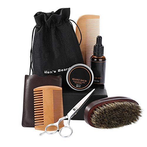 Beard Kit Mens Grooming Kit (Styling Scissor + Single Side Comb + Beard Balm + Beard Brush + Double Side Comb + Beard Oil) Men Beard Styling Shaping Hair Care Set to Papa Gifts(6PCS/Set)