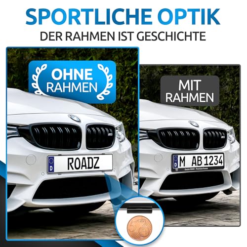 ROADZ® Kennzeichenhalter Rahmenlos - [unsichtbar & legal] - Sicherung für bombenfesten Halt - Set für 2 Kennzeichen - werbefrei - Nummernschildhalter - rahmenlose Kennzeichenhalter Auto