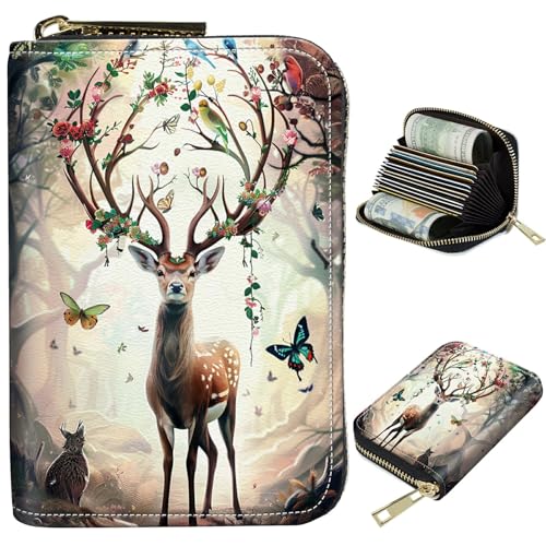 Image of Cute Credit Card Holder with Zipper, Decorative Deer Butterfly RFID-Blocking Card Case Small Wallet for Women Men, Multi-slot Card Organizer Case Travel Accordion Wallet