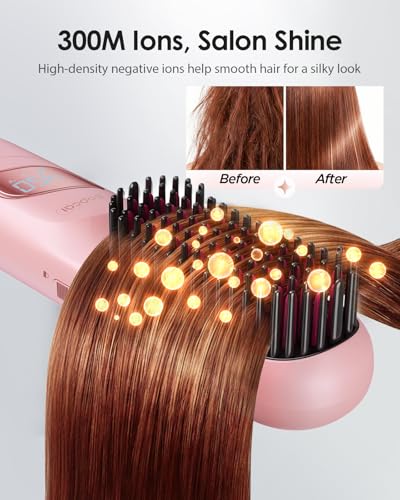 Image of Cordless Hair Straightener Brush with Charging Dock, Portable Travel Hair Straightening Brush with 300M Negative Ions, 10,000mAh Battery, Fast Heating Anti-Frizz Ionic Styling Comb for Women