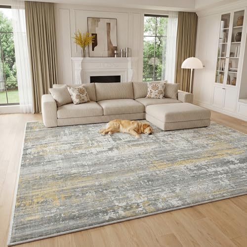 Image of Cliporix Large Grey & Gold Area Rug for Living Room 160 x 230 cm, Short Pile, Non-Slip Backing, Non-Shedding, Machine Washable, 80% Faux Cashmere, Large Rug for Bedroom, Dining Room, Home Office