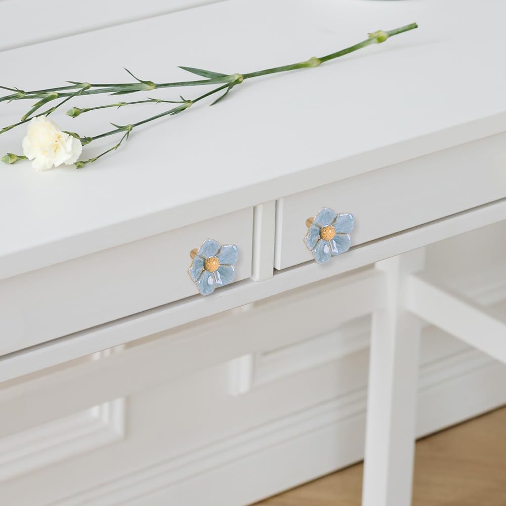 NIKKY HOME Cabinet Knob 4 Pack Flower Drawer Knob Decorative Vintage Door Cupboard Solid Metal Pulls Handles for Furniture Bedroom Living Room Bathroom - Blue