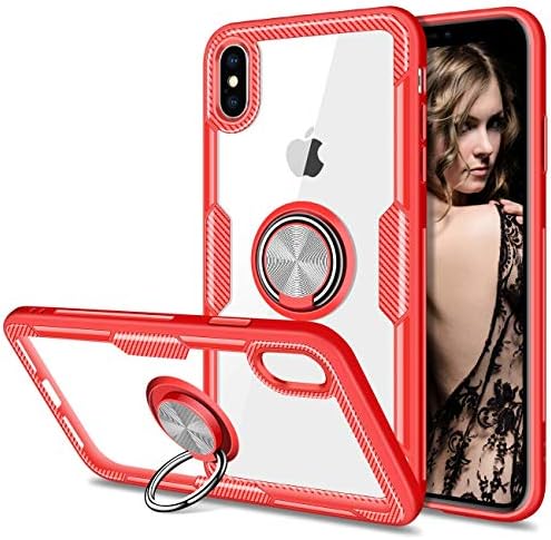 SORAKA Case for iPhone X with 360 degree rotation Ring Stand Soft Slim Fit Silicone Case Shockproof Anti-fingerprint Case with Metal Plate for Magnetic Car Phone Holder Red