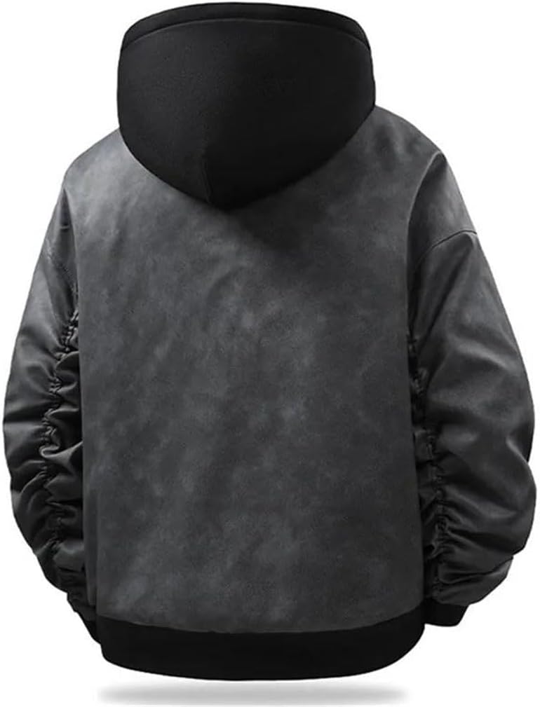 Mens Vintage Faux Leather Jacket Hooded Fake-Two Piece Windproof Bomber Coat