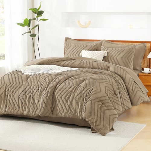 Image of Litanika Taupe Queen Size Comforter Set with Sheets - 7 Pieces Bed in a Bag Queen Boho Tufted Complete Bedding Sets with Comforter, Sheets, Pillowcases & Shams
