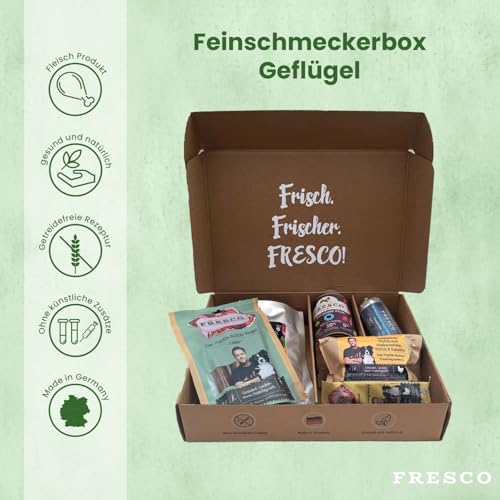 FRESCO Dog Feinschmeckerbox Geflügel - Geschenkbox für Hunde mit Snacks, Kaustangen und BARF-Menüs - 100% natürlich und getreidefrei - Leckerlis und Hundefutter für alle Rassen (300g, Geflügelfleisch)