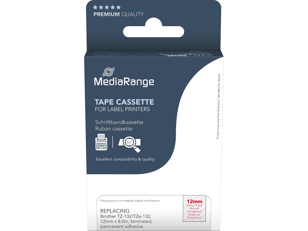 MediaRange Plastic Label Tape Cartridge for Brother TZ-132 / TZe-132 Permanent Adhesive 12 mm 8 m Laminated Red on Transparent