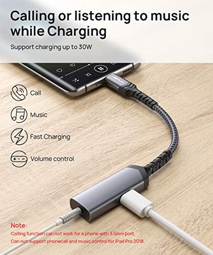 USB C Headphone Adapter and Charger, JSAUX 2-in-1 Type USB C to 3.5mm audio Adapter with PD 30W Fast Charging for Samsung S21/S20/S20+/Note 20/Note10,Huawei P40/P30/P20/Mate30,iPad Pro/Air-Grey