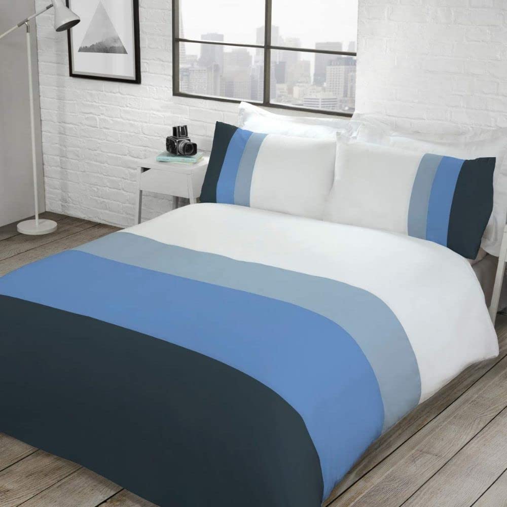 Sleepdown Colour Block Navy Reversible Soft Easy Care Duvet Cover Quilt Bedding Set with Pillowcases - King (220cm x 230cm)