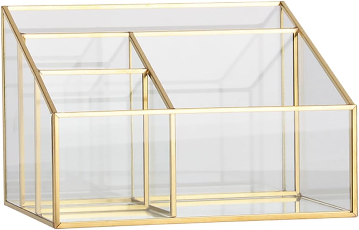 SEWACC Transparent Glass Cosmetic Organizer with Metal Frame Makeup Storage Box for Lipstick Brushes Skincare Desktop Display Case for Bedroom Bathroom Salon