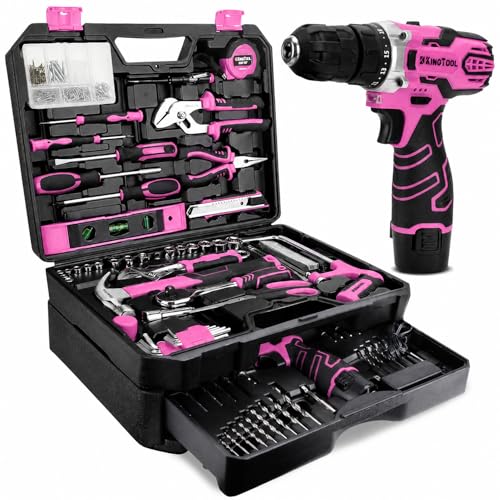 Image of KingTool 276-Piece Tool Set Kit with 12V Cordless Power Drill (Pink)
