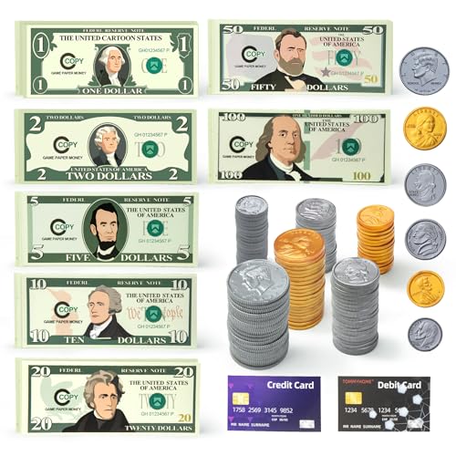 Play Money Set for Kids with Bills & Coins Pretend Play Cash for Homeschool & Classroom Game Currency Used for Education Board Games Cash Register Toys.Ages 3+ Learning Toys