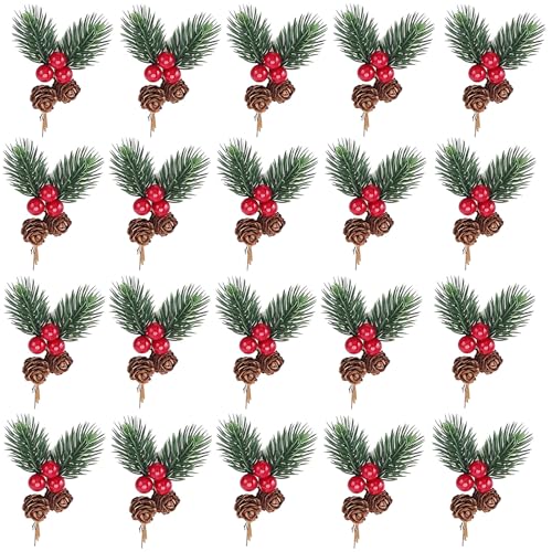 20 Pieces Artificial Christmas Floral Picks, Red Berry Picks and Sprays, Christmas Fake Pine Branches Evergreen Branch Holly Stem, DIY Artificial Flowers Wreath Wedding Home Decor Xmas Ornaments