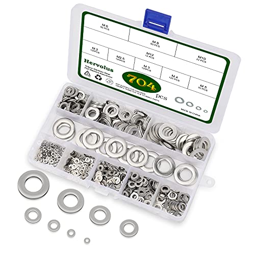 Washers for Screws 704PCS, Flat Washers 304 Stainless Steel Metal Washers Set, Fender Washers Assortment Kit with 9 Size M2, M2.5, M3, M4, M5, M6, M8, M10 M12