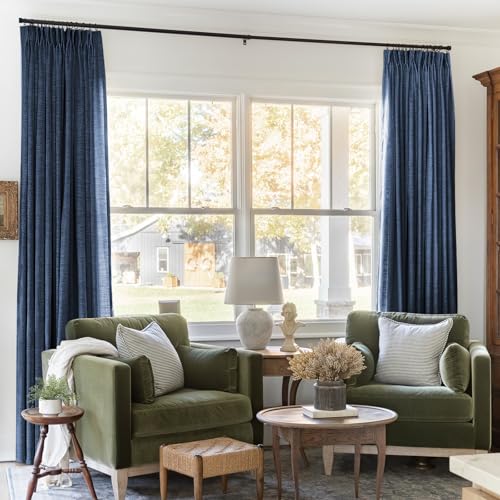 TWOPAGES Pinch Pleated Linen Curtain for Living Room, 36Wx84L, Navy Blue
