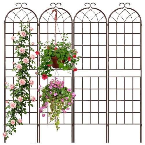 Image of LZRS 82.7 x 80in Rustic Iron Arch Decoration Garden Trellis with Brown Metal Coating - Perfect for Supporting Climbing Plants Outdoor, Roses, Vines, Flowers, and Vegetables.