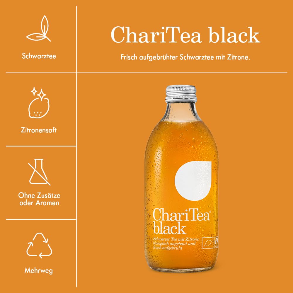 Charitea - Black - Fairer Eistee mit besten Bio Zutaten - Leckeres Erfrischungsgetränk in Glas Flasche - Biologisch angebauter Tee (24 x 330ml)