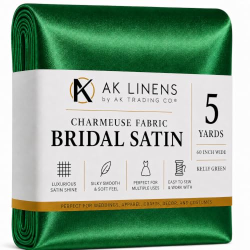 AK TRADING CO. 60" inches Wide-by The Yard-Charmeuse Bridal Satin Fabric for Wedding, Apparel, Crafts, Decor, Costumes (Kelly Green, 5 Yards)