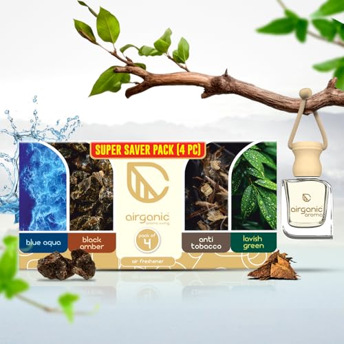 Image of Airganic Aroma Swing - Pack of 4 - Combo: Blue Aqua, Black Amber, Anti Tobacco & Lavish Green Car Perfume | Aroma Essential Oils in Glass Bottle with Wooden Diffuser Lid | Car Accessories 2025