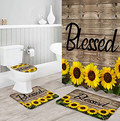 Invisiblewings 4 Pcs Shower Curtain Sets With Rugs, Farmhouse Sunflower Positive Blessed Bathroom Sets, Waterproof Non-Slip Shower Curtain U-Shaped Rug Bath Mat Toilet Lid Cover And 12 Hooks #TOP2