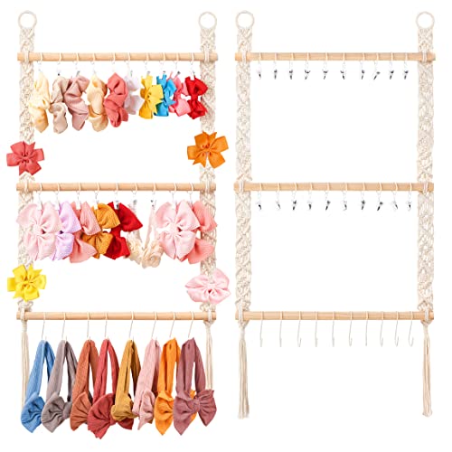 Image of Dahey Hair Bows Organizer for Girls Headband Holder with 30 Hooks Wall Hanging Bow Holder Organizer Storage Hair Accessories Boho Nursery Decor for Baby Girls Room, 29.5"x15"