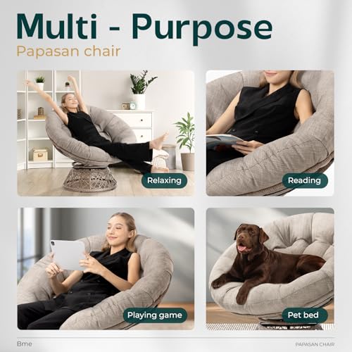 Image of Bme Ergonomic Wicker Papasan Chair with Soft Thick Density Fabric Cushion, High Capacity Steel Frame, 360 Degree Swivel for Living, Bedroom, Reading Room, Lounge, Silver Cloud - Brown Base