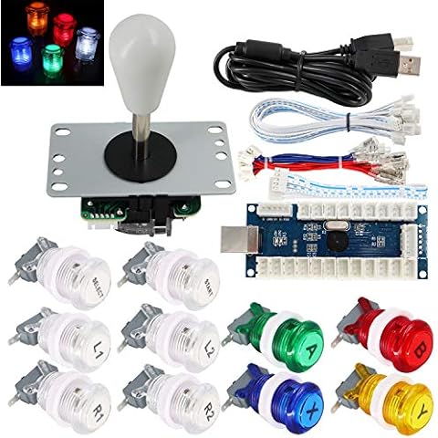SJ@JX Arcade Game Stick DIY Kit Buttons with Logo LED 8 Way Joystick USB Encoder Cable Controller for PC MAME Raspberry Pi Color Mix Cover
