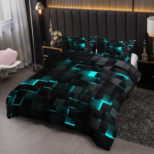 Image of Nttopship Neon Turquoise Black Comforter Set Queen Geometric Kids Bedding Set,3 PCS Geometry Honeycomb Bed Set Modern Quilt Set 1 Comforter 2 Pillow Cases Cool Room Decor All Season B-Side Black