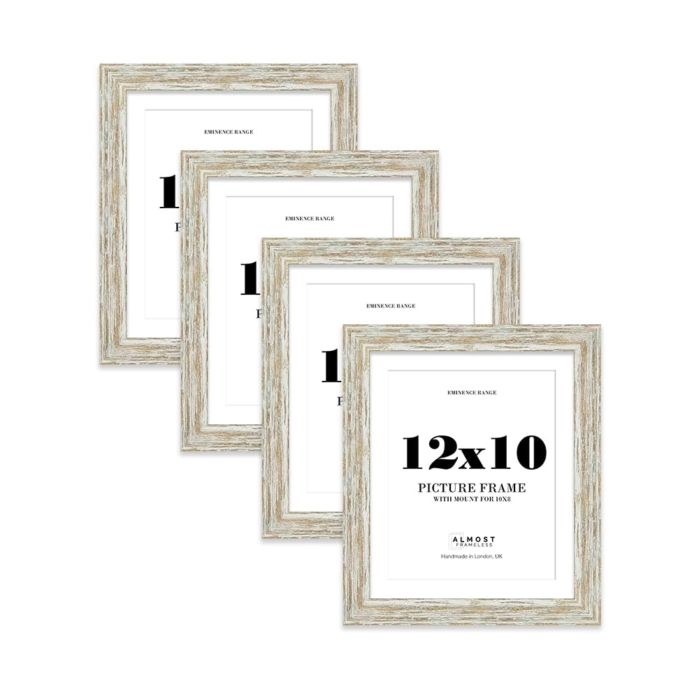 12x10" Distressed White Oak Picture Frame with 10x8" Mount - Aged Photo Frame with Distressed Finish, Wall Hooks and Kickstand, 32mm Edge - 4 Pack
